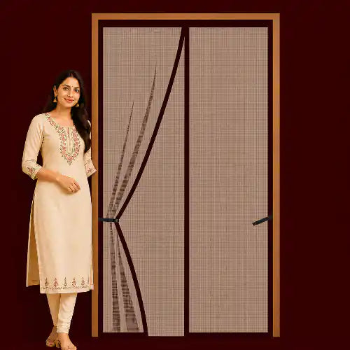 Woman standing next to a magnetic screen door on a dark background